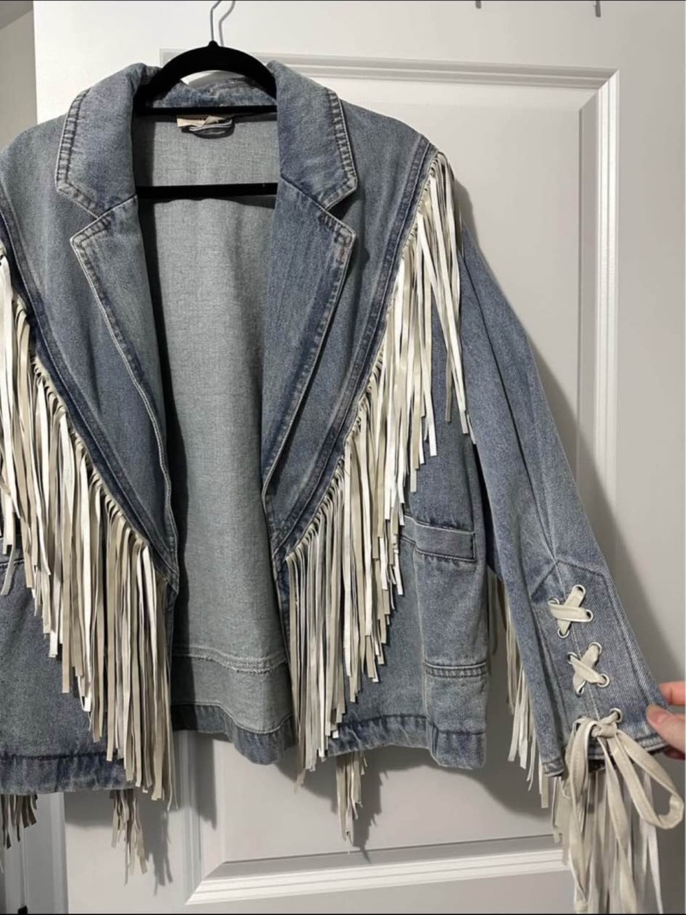 Light Blue Denim Fringed Jacket with White Fringe Accents